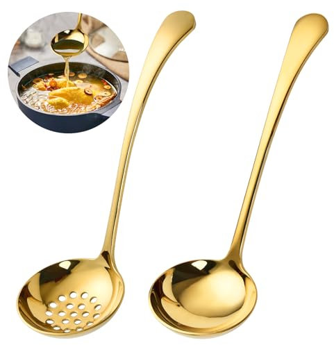 Worldity Lot de 2 petites louches dorées en acier inoxydable de 20 cm pour louche soupe, sauce, légumes, louche à soupe en métal doré pour buffet, fête, cuisine