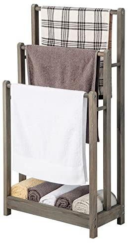 COSTWAY Handtuchständer freistehend, Handtuchhalter Holz mit 3 Handtuchstangen & unterer Ablage & Kippschutz, Trockenständer braun für Badezimmer, Hotels (grau)