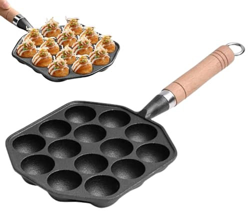 Takoyaki-Pfanne mit 14 Löchern, antihaftbeschichtete Takoyaki-Grillpfanne, Platte mit abnehmbarem Griff, Gusseisenpfanne, Takoyaki-Maker, Kugelpfannkuchenpfanne für Pfannkuchenbällchen, Spiegeleier, P