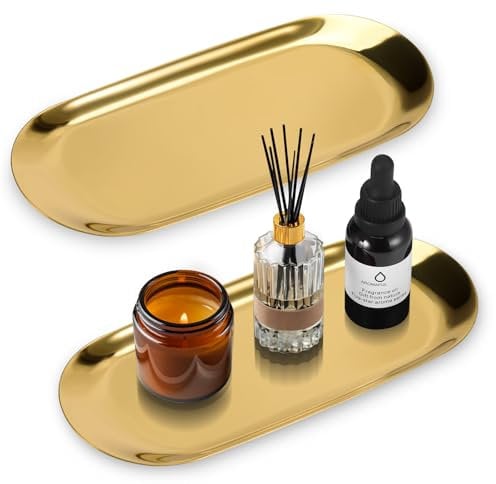 2Pcs Bandejas Decorativas, Bandeja Dorado de Acero Inoxidable, Bandeja Baño Pequeña Ovalada Elegante Acabado Pulido, Bandeja Decorativa Centro de Mesa para Joyería Postres Merienda Café Clave