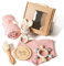 Baby Geschenk Mädchen Set (kann graviertund gesegnet werden) Neugeborenen Geschenk zur Geburt Babyparty Geschenk Holz Spielzeuge Greiflinge Badetuch Meilenstein Babydecke Foto Requisten (Rosa)