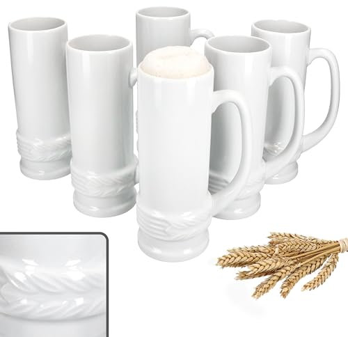 MamboCat Set di 6 brocche d'onore con manico, 0,5 litri, boccale di birra bianca in ceramica con rilievo a spighe, per 6 persone, elegante e lucido, per grigliate, feste di club