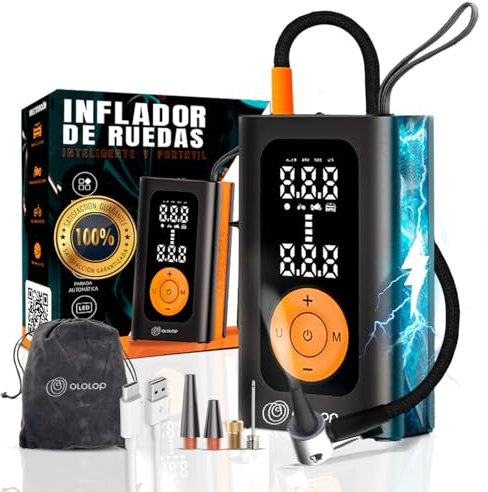 OLOLOP® SUPER Inflador Ruedas Coche PREMIUM con Linterna + GUIA para Llevar a tu Familia Segura | compresor Aire portatil | hinchador Ruedas Coche | Accesorios Coche | Bateria Emergencia para Movil