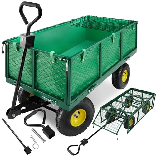 tectake® Bollerwagen, Transportwagen, Gartenwagen, Handwagen, Leiterwagen mit aufklappbaren Seitenwände, Transportkarre, belastbar bis 550 Kg, Trolley mit gepolsterter Handgriff - grün