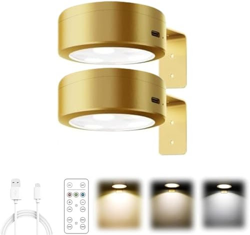 JOPWUE Lot de 2 lampes murales pour tableau mural, lumière de peinture LED 3 temps de couleur avec télécommande, lumières sans fil pour cadre photo, lampe murale adhésive pour peintures (doré)