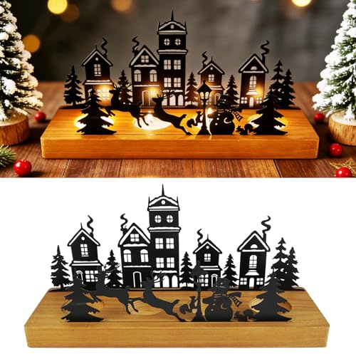 Advent Kerzenhalter,Adventskranz Teelichthalter für 4 Teelicht,Weihnachtskerzenhalter aus Metall mit Holzhaltern,Weihnachtsdeko,für Tisch Adventsdeko Weihnachtsdeko Modern Geschenk