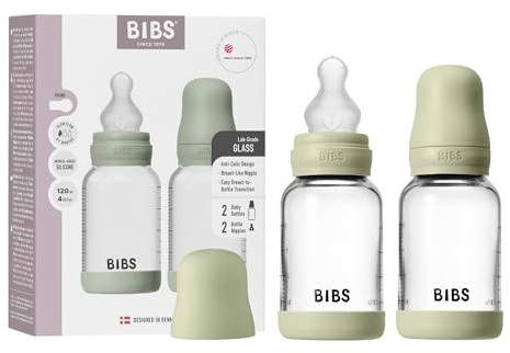 BIBS Glass Baby Bottle, 120 ml, 2-Pack, Silicone Teat, Sage | Anti-Colic | Silicone Teat | Slow Flow | Supports Breastfeeding | Made in Denmark | Familiar BIBS Teat
