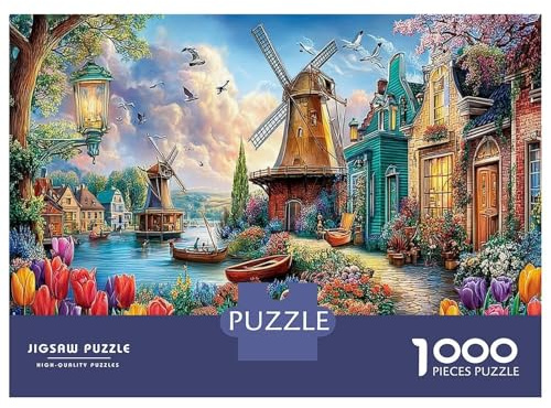 Dutch Village Educational Challenge Puzzle - 1000 Piece Cardboard Jigsaw Windmill Town Fun Home Activity Game, A Great Gift Idea for Educational Play And Family Time 38x26cm/1000pcs