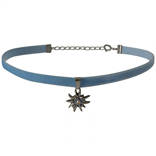 Trachtenkette für Dirndl oder Trachtenkleid Samt Kropfband Samtband Edelweiß mit Swarovski-Elements Dirndlkette Trachten-Kette elastisch Halsband Halskette Damen, Farbe:hellblau