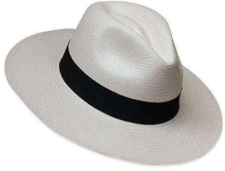 Tumia LAC - Echter Traditioneller Panamahut - Nicht einrollbare Version - Weiß mit schwarzem Band - 56cm