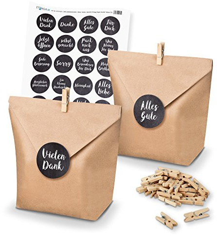 itenga SET Geschenktüten Sprüche Vintage Papier Dunkel unlackiert (Motiv 72) 24 x Tüten + Klammern + Stickerbogen