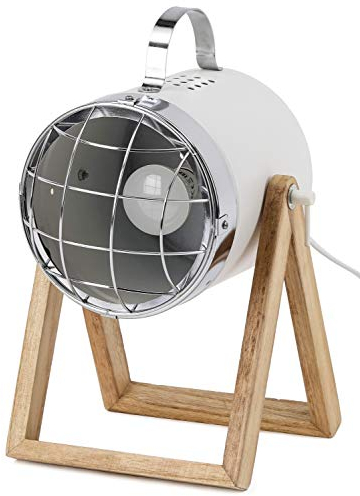 BRUBAKER Tischleuchte oder Bodenlampe Strahler Industrial Design - bis 42 cm Höhe - Fuß aus Holz - Scheinwerfer Metall Weiß