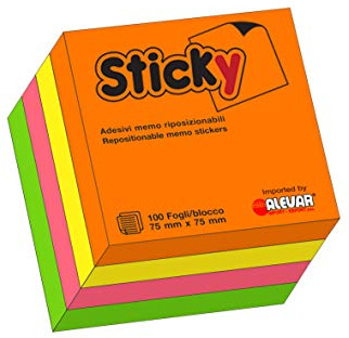 Alevar Sticky Würfel 400 Sticky Wiederablösbare Aufkleber, Format 75 x 75 mm, 4 verschiedene Neonfarben