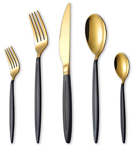 HOMQUEN Ensemble de Couverts 30 Pièces en or Noir,Ensemble à Couverts en Acier Inoxydable,Ensemble de Coutellerie en Laiton et Cuillère en or Titane,Ensemble de Service pour 6(Noir mat Avec Brillant)