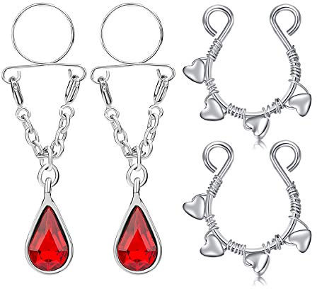 Briana Williams 2 Paar Fake Brustwarzenpiercing Nippelring Chirurgenstahl Non Piercing Brustwarzen Ring Schmuck mit Anhänger