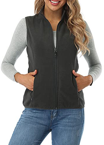 fuinloth Fleece Weste für Damen, Leicht Ärmellose Standkragen mit Reißverschlusstaschen Holzkohle X-Large