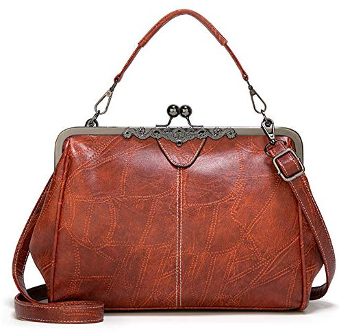 RainboSee Women Retro Kiss Lock Handbag Purse Oil Wax PU Small Tote Satchels Shoulder Crossbody Bag, Brown, One Size