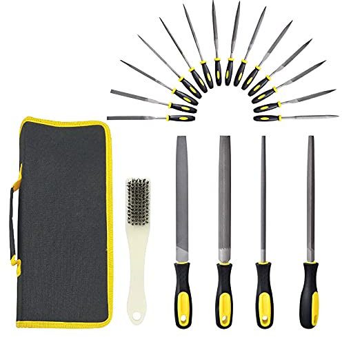 19 in 1 Metal File Set, Wood Rasp File Tool Kit with 4 Pcs Large Flat, Half-Round, Round & Triangle File &14 Pcs Needle File & 1 Pcs Brush for DIY Craftwork, Metal & Woodwork (19 Pcs)