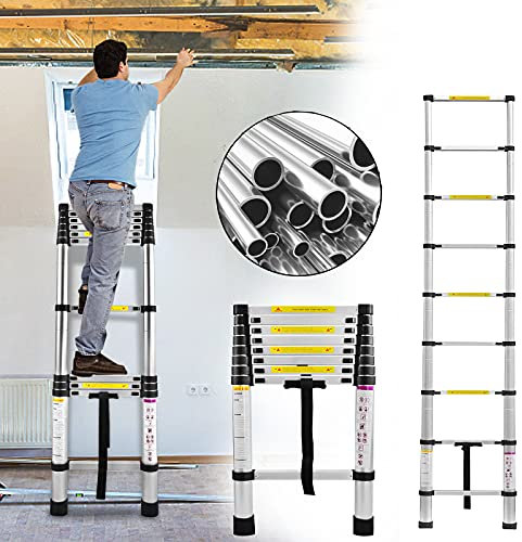 XMTECH Teleskopleiter Multifunktionsleiter Ausziehleiter Anlegeleiter Mehrzweckleiter Ausziehbare Leiter Stehleiter - 2,6M Teleskopleiter, 9 Sprossen, Silber