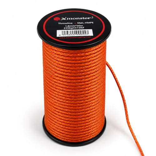 X MONSTER Arborist Throw Line, 1.8mm 100% UHMWPE Tree Throw Rope, 515 lbs Strength, Low-Stretch High-Visibility Line for Tree Climbing and High Limb Work, Orange, 165 ft