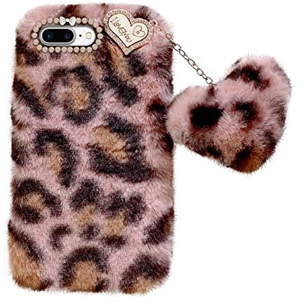 Uposao Compatible with iPhone 8 Plus/iPhone 7 Plus Mobile Phone Case Fluffy Cute Leopard Plush Mobile Phone Case Winter Warm Protective Case with Crystal Rhinestone Love Heart Pendant for Women Girls