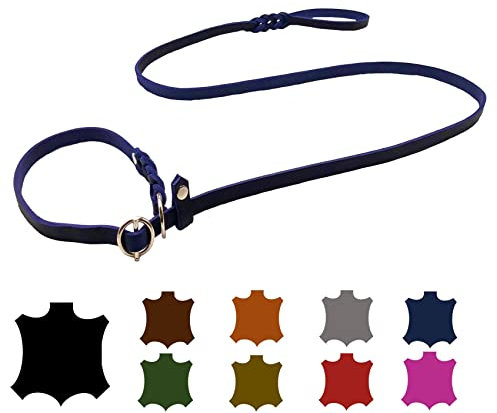Hundeleine Fettleder Agility/Retrieverleine mit Zugstopp/Moxonleine für kleine Hunde/große Hunde (1,30m X 12mm, Marineblau)