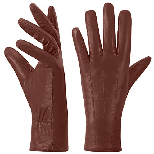 Harssidanzar Leather Gloves Women,Winter Warm Cashmere Lining Touchscreen Ladies Glove GL017,Cognac,Size S