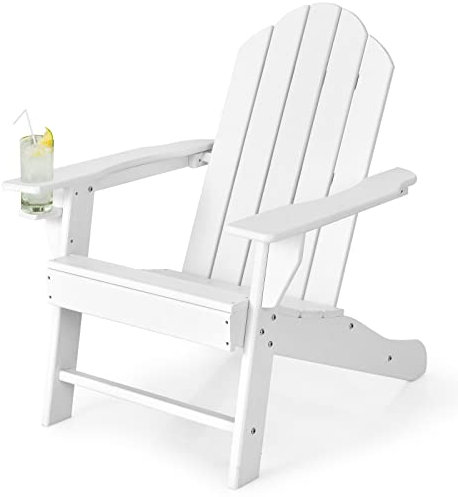 GOPLUS Fauteuil de Jardin Extérieur, Chaise de Jardin, Chaise Adirondack avec Porte-Gobelet, Charge 150 kg, Idéal pour Jardin, Terrasse, Piscine, Plage (Non-Pliable, Blanc)