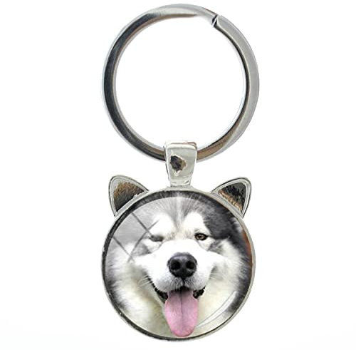 Trendy handmade dog keychain Happy Alaskan Malamute Pug Husky key chain ring holder vintage men women keyring, weiß, L