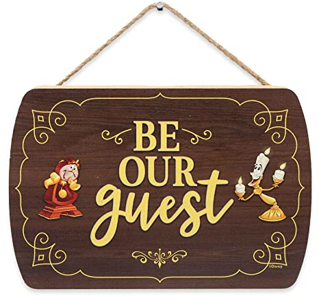 Disney Die Schöne und das Biest Be Our Guest Hängende Holz-Wanddekoration – Fun Be Our Guest Schild für Eingangsbereich oder Gästezimmer