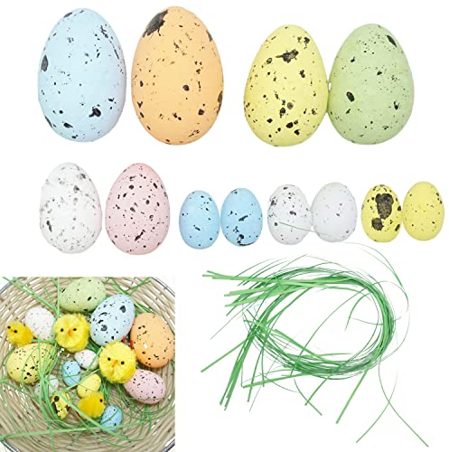 12x Easter Foam Eggs with Paper Grass Easter Eggs Graffiti Speckled Eggs Mini Bird Egg Decorative for Easter Tree Decorations Basket Filler Ornaments 4 Different Size