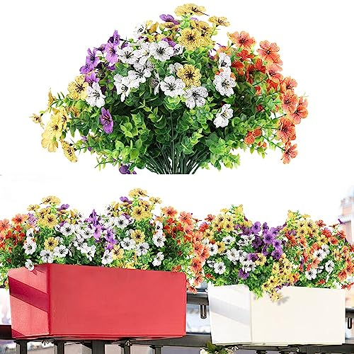jenniehome 9 Stück Künstliche Blumen Außen Kunstblumen Künstliche Pflanzen Grüne Sträucher UV-Beständige Gefälschte Blumen Blumenstrauß Künstlich für Balkonkasten, Drinnen, Draußen (Mischfarbe)