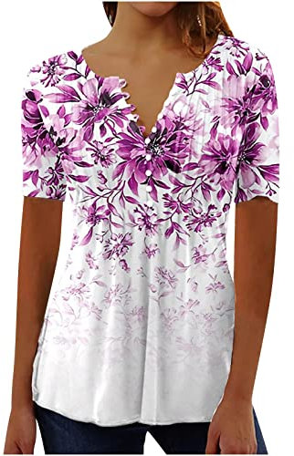 AMhomely Women Shirts Blouse Sale Clearance Elegant Vinatge Button White Blouse Floral Print Tunic Tops Short Sleeve V Neck Teen Lightweight Breathable Sportawear Activewear Undershirts