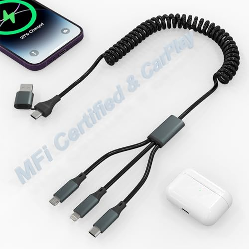 Spiralkabel USB C auf Multi Ladekabel für Apple Carplay (keine Unterstützung für iPhone 15/Android Auto), MFi-zertifiziertes 3-in-2-USB-A/C-auf-Ladekabel Handy Kurz mit Lightning/Typ-C/Micro-USB