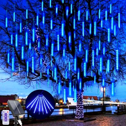 LED Solar Fallende Weihnachtsbeleuchtung, 240 LEDs Meteorschauer Regen Beleuchtung Schneefall Lichter, 10 Röhren 30cm Wasserdichte Weihnachten Lichter für Xmas Baum Hochzeit Dekoration (Blau)