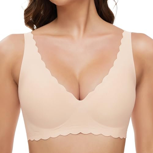 GXOULRRA Komfort Tief V BH Damen ohne Bügel Nahtloser Bügelloser BHS Klassische Soft Bustier Seamless T Shirt Bequem Bralette mit zusätzlicher Beige S