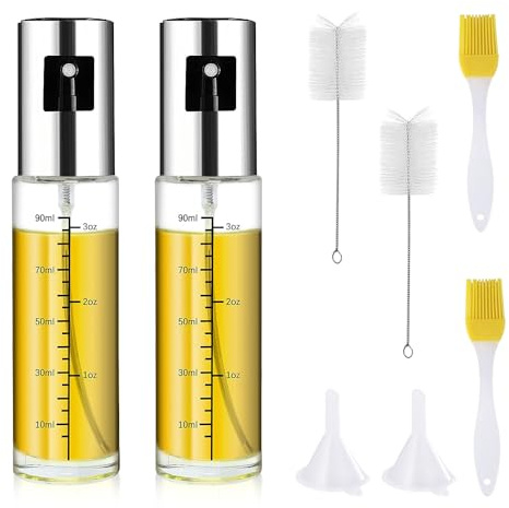 Udbrud 2 Pack Oil Spray Bottle, 100ml Glass Olive Oil Sprayer Air Fryer Oil Spray with 2 Funnel and 4 Brush Glass Oil Dispenser for Cooking Air Fryer Kitchen BBQ Salad
