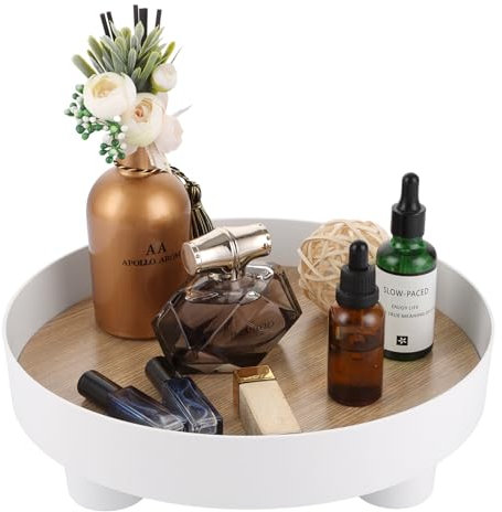 SHUESS Deko Tablett Rund Serviertablett Weiß, 30cm Holztablett Dekotablett Rund mit Füßen Holzerhöhung für Display Modern Chic Dekoteller