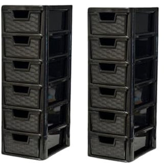 Khanary Storage Drawer Unit 6 Tier-2 Pack | S/Mini Rattan Black Plastic Chest Tower Cabinet Trolley |Tabletop Desktop Organizer Crafts Files Home Kids Bedroom Kitchen Office School | 26Dx19Wx60H cm