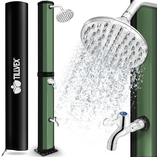 tillvex Doccia Solare con Coperchio di Protezione, Doccia da Giardino a energia Solare, per Piscina, Senza Collegamento di Alimentazione, con Rubinetto (Nero/Verde, 35 Litri)