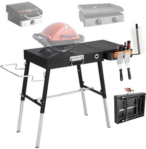 TONFUGLN Table de grill pliable et portable compatible avec support de barbecue Blackstone de 43,2 ou 55,9 cm, support de barbecue Ninja : pied réglable avec support poubelle, accessoires parfaits