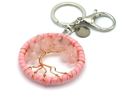 Miracles Minéraux Porte clé Pierre Naturelle Arbre de Vie| Produit Artisanal| Fabrication française| Bien être| lithothérapie (Arbre de Vie | Quartz Rose)