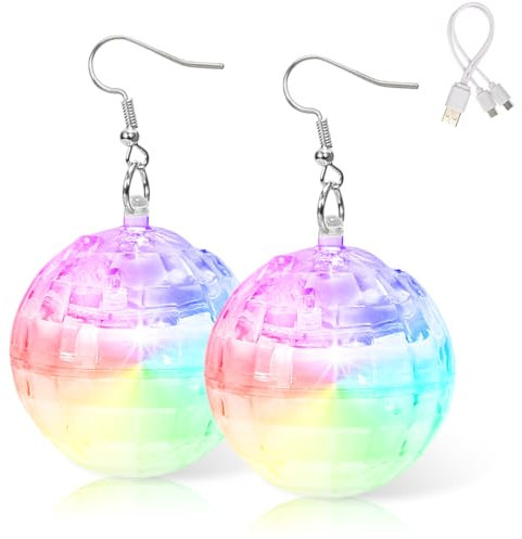 LED Discokugel Ohrringe - Kostüm Accessoires, Licht Projektion Schmuck, Party Zubehör für Karneval, Mottoparty, 70 80 90er Jahre Outfit Damen