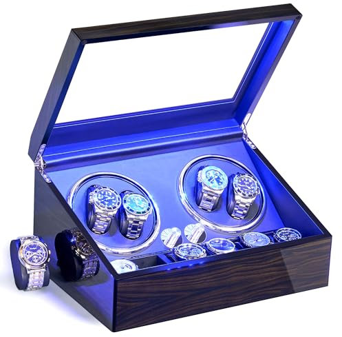 ANWBROAD Caricatore per orologi automatici 4 Rotatori per orologi e 6 scomparti extra con motore Mabuchi super silenzioso Retroilluminazione a LED Gira orologi 4 modalità USB JWW002E