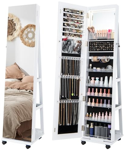 HOMASIS Schmuckschrank mit Rollen, drehbarer Spiegelschrank mit 3 farbigen LED-Lichtern & verstellbaren Regalen, stehender Schmuckspiegel für Halsketten Ohrringe Kosmetika (Weiß)