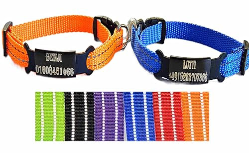 2X personalisiertes Katzenhalsband personalisiert mit Name graviert Katze Halsband reflektierend Leuchtend aus Nylon mit Glöckchen (Orange und Blau)