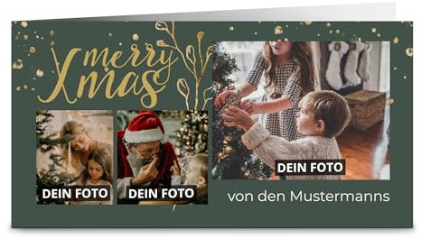 printplanet® – Personalisierte Weihnachtskarte mit eigenen Fotos bedrucken lassen - Weihnachtskarten selbst gestalten – Motiv: Merry Xmas - Grün