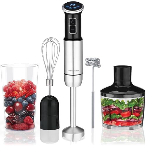 Andrew James 5-in-1 Hand Blender Set, 1000W Immersion Blender, 8-Speed Turbo Boost, 750ml Beaker, 860ml Chopper, Electric Whisk, Milk Frother, Potato Masher, Food Processor Stick Blender