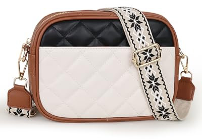 Prite Umhängetasche Damen PU Leder Handtasche mit 3 Kartenfächer Crossbody Bag mit Breitem Verstellbarer Schultergurt Gesteppt Handytasche für Alltag Einkaufen Reisen (Braun-Beige-Schwarz)