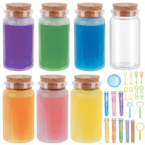 WEBEEDY 6 Sets Bubble Bath Magic Potion Kit with Glass Bottles, Glitter Powder, 6 Colors Flower Soap Films and Soap Bubble Tool Complete Magic Potion Kit for Bathroom Birthday Gift